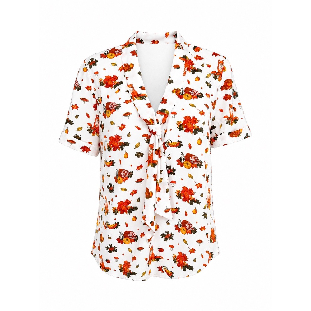 NWT ModCloth White Autumn Fox Squirrel Pumpkin Print Tie Neck Blouse Top Medium
